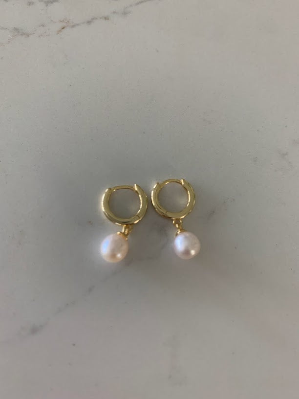 Pearl Huggie Earrings in Sterling Silver and Gold Vermeil, Real Freshwater Pearls