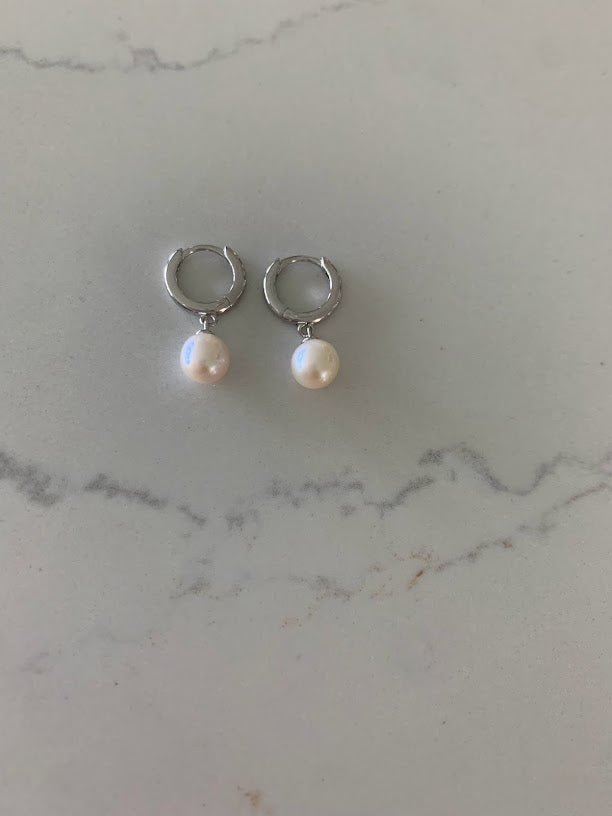 Pearl Huggie Earrings in Sterling Silver and Gold Vermeil, Real Freshwater Pearls