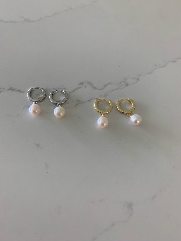 Pearl Huggie Earrings in Sterling Silver and Gold Vermeil, Real Freshwater Pearls