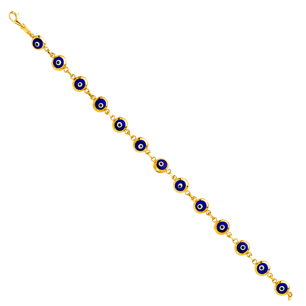 14K Gold Evil Eye Bracelet , Blue Evil Eye, 5mm Eye Diameter, 7.5" Length, Spring Ring Clasp