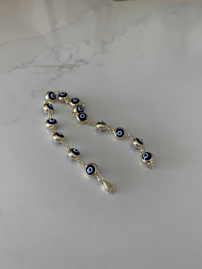 14K Gold Evil Eye Bracelet , Blue Evil Eye, 5mm Eye Diameter, 7.5" Length, Spring Ring Clasp