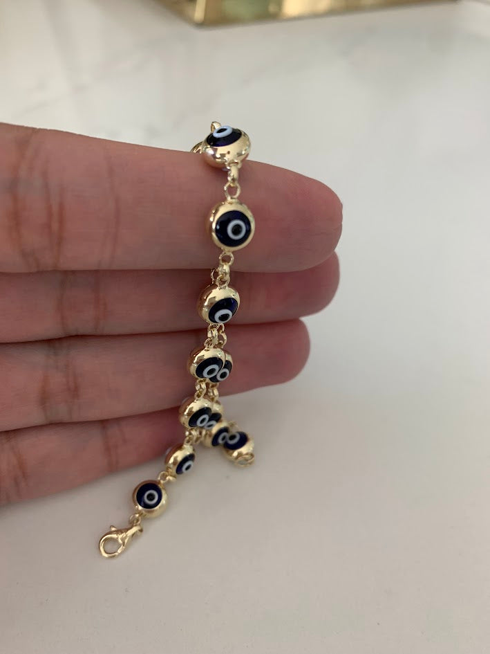 14K Gold Evil Eye Bracelet , Blue Evil Eye, 5mm Eye Diameter, 7.5" Length, Spring Ring Clasp