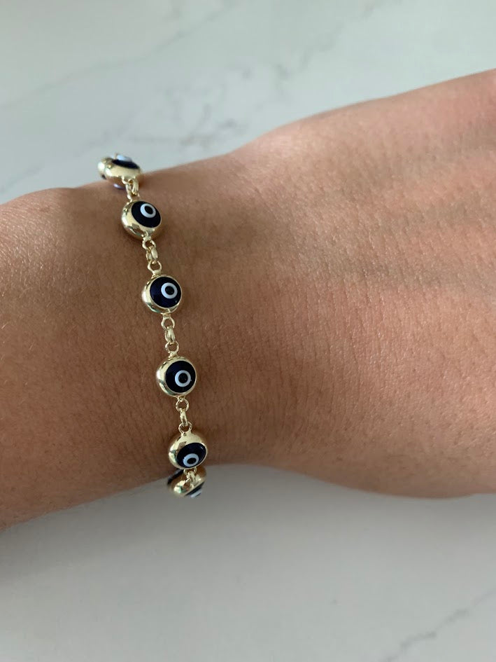 14K Gold Evil Eye Bracelet , Blue Evil Eye, 5mm Eye Diameter, 7.5" Length, Spring Ring Clasp