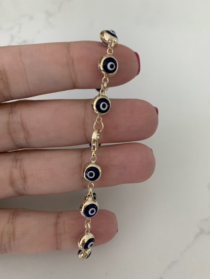 14K Gold Evil Eye Bracelet , Blue Evil Eye, 5mm Eye Diameter, 7.5" Length, Spring Ring Clasp