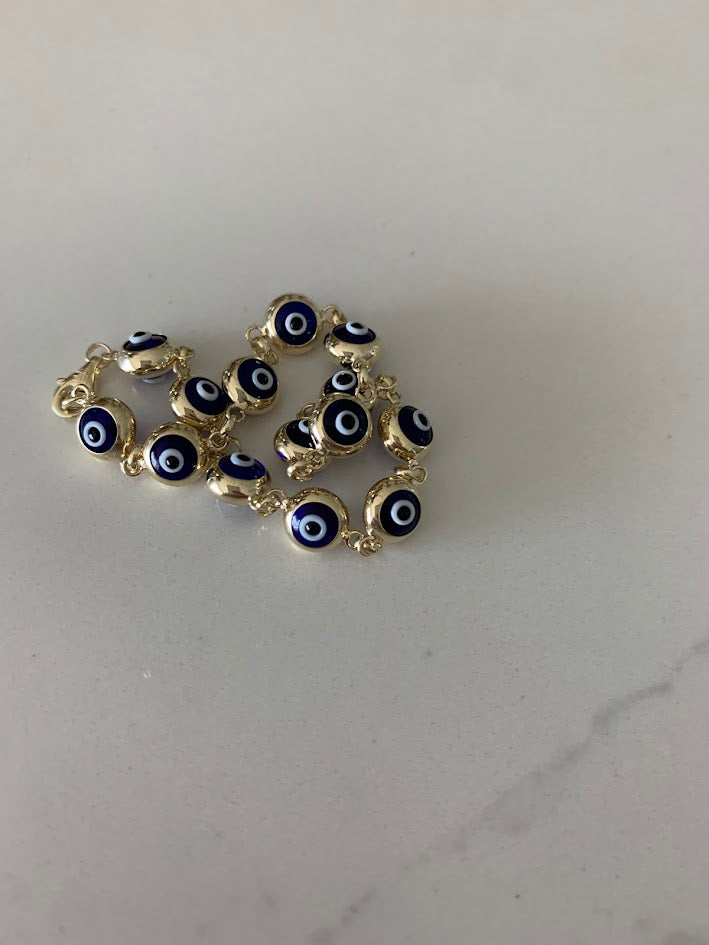 14K Gold Evil Eye Bracelet , Blue Evil Eye, 5mm Eye Diameter, 7.5" Length, Spring Ring Clasp