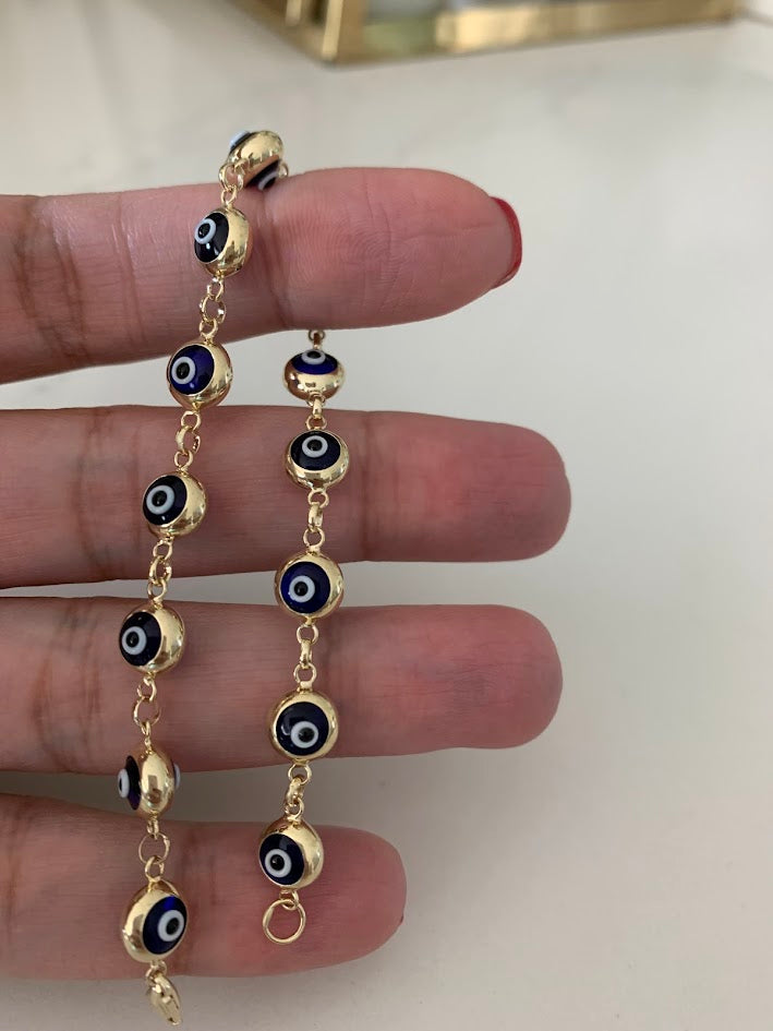 14K Gold Evil Eye Bracelet , Blue Evil Eye, 5mm Eye Diameter, 7.5" Length, Spring Ring Clasp