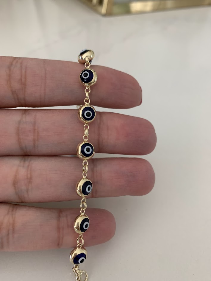14K Gold Evil Eye Bracelet , Blue Evil Eye, 5mm Eye Diameter, 7.5" Length, Spring Ring Clasp