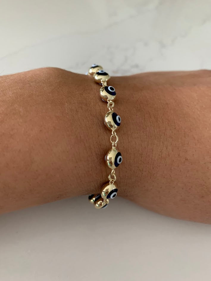 14K Gold Evil Eye Bracelet , Blue Evil Eye, 5mm Eye Diameter, 7.5" Length, Spring Ring Clasp