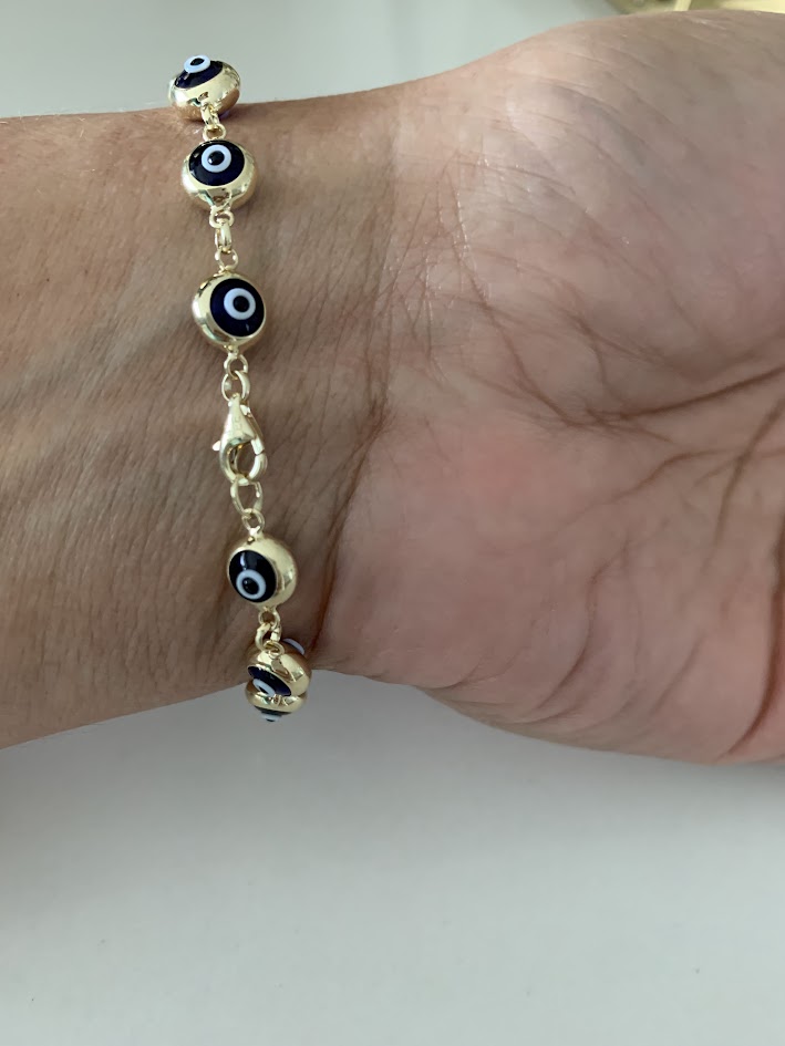 14K Gold Evil Eye Bracelet , Blue Evil Eye, 5mm Eye Diameter, 7.5" Length, Spring Ring Clasp