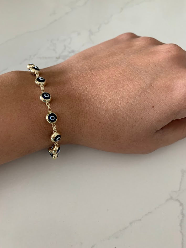 14K Gold Evil Eye Bracelet , Blue Evil Eye, 5mm Eye Diameter, 7.5" Length, Spring Ring Clasp