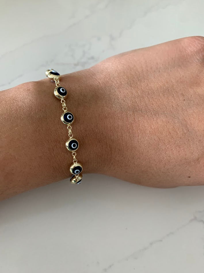 14K Gold Evil Eye Bracelet , Blue Evil Eye, 5mm Eye Diameter, 7.5" Length, Spring Ring Clasp