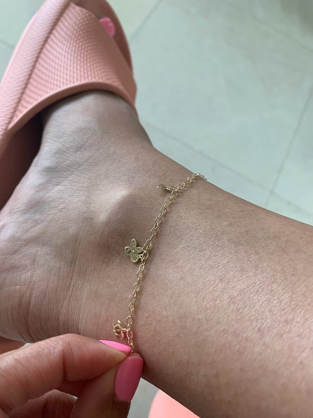 14K Gold Cable Anklet with Pendants, Bee, Key, Star, Turtle, Butterfly,  Fish, Umbrella, Real 14K Gold Anklet, Gold Ankle Bracelet for Women