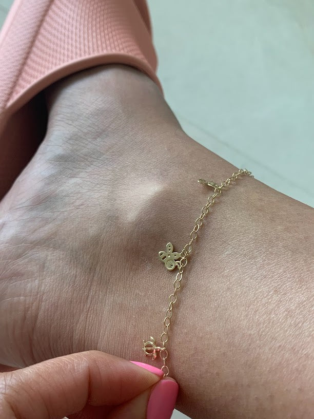 14K Gold Cable Anklet with Pendants, Bee, Key, Star, Turtle, Butterfly,  Fish, Umbrella, Real 14K Gold Anklet, Gold Ankle Bracelet for Women