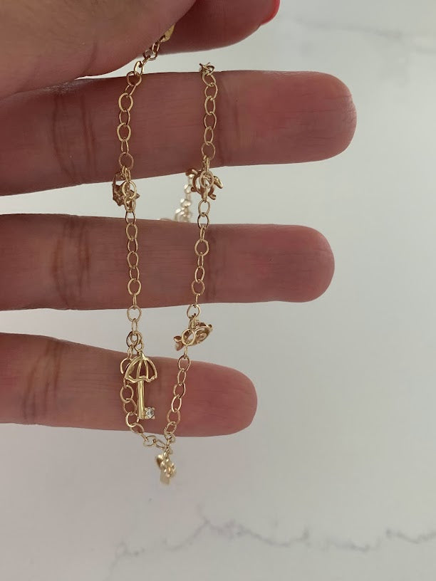 14K Gold Cable Anklet with Pendants, Bee, Key, Star, Turtle, Butterfly,  Fish, Umbrella, Real 14K Gold Anklet, Gold Ankle Bracelet for Women