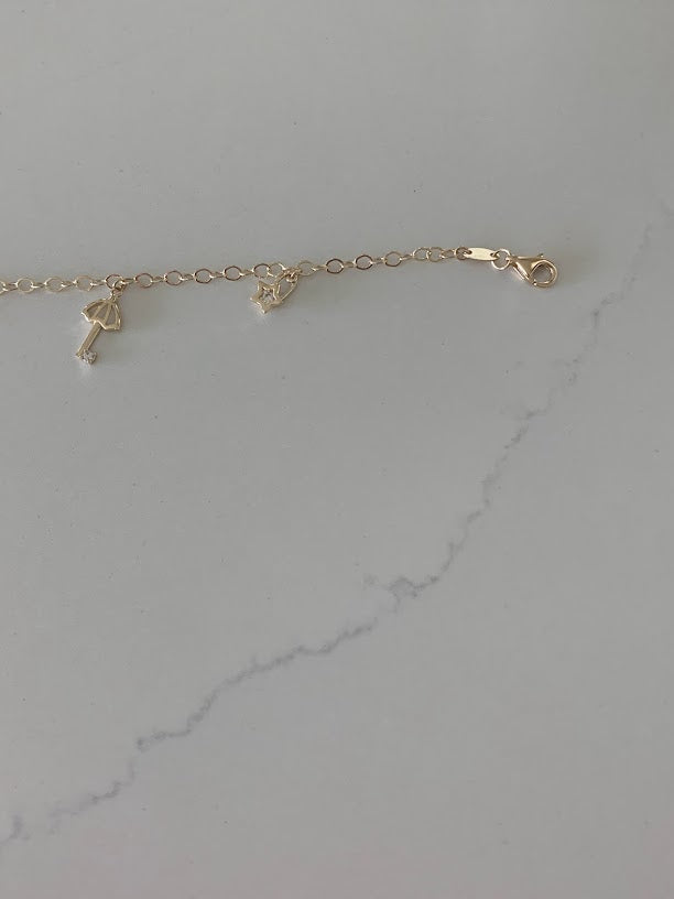 14K Gold Cable Anklet with Pendants, Bee, Key, Star, Turtle, Butterfly,  Fish, Umbrella, Real 14K Gold Anklet, Gold Ankle Bracelet for Women