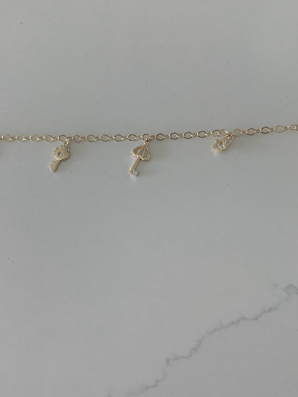 14K Gold Cable Anklet with Pendants, Bee, Key, Star, Turtle, Butterfly,  Fish, Umbrella, Real 14K Gold Anklet, Gold Ankle Bracelet for Women