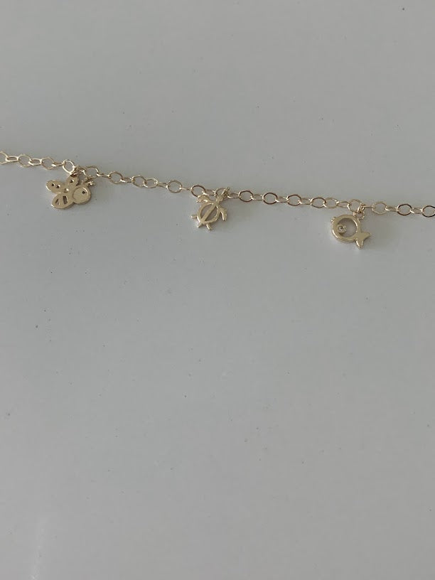 14K Gold Cable Anklet with Pendants, Bee, Key, Star, Turtle, Butterfly,  Fish, Umbrella, Real 14K Gold Anklet, Gold Ankle Bracelet for Women