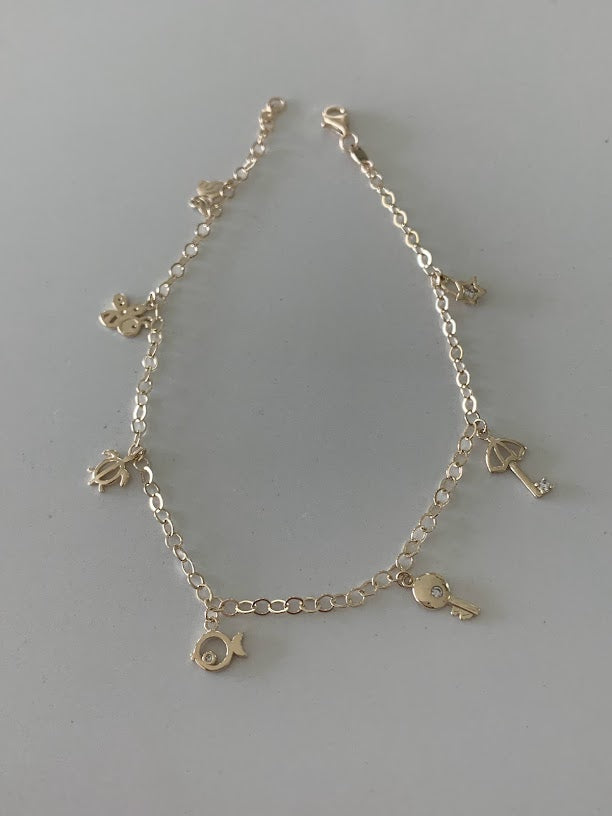 14K Gold Cable Anklet with Pendants, Bee, Key, Star, Turtle, Butterfly,  Fish, Umbrella, Real 14K Gold Anklet, Gold Ankle Bracelet for Women