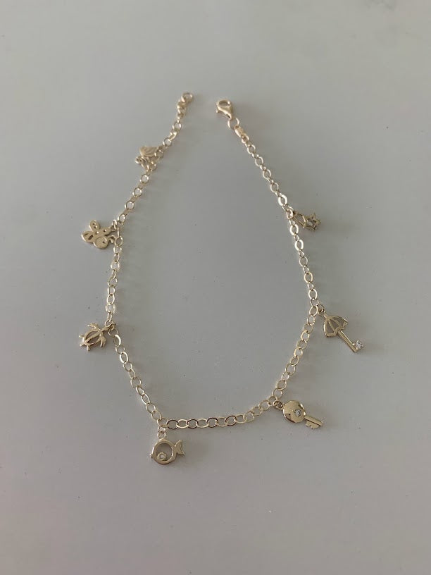 14K Gold Cable Anklet with Pendants, Bee, Key, Star, Turtle, Butterfly,  Fish, Umbrella, Real 14K Gold Anklet, Gold Ankle Bracelet for Women