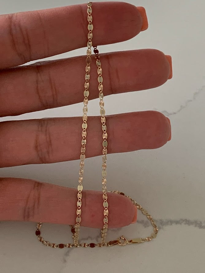 Solid 14K Tricolor Gold Chain, 2.1MM Flat Valentino DC Chain  BEST SELLER