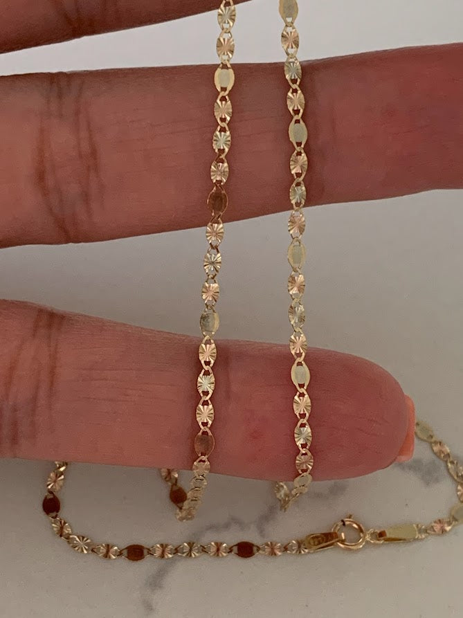 Solid 14K Tricolor Gold Chain, 2.1MM Flat Valentino DC Chain  BEST SELLER