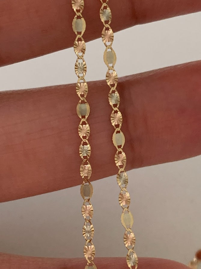 Solid 14K Tricolor Gold Chain, 2.1MM Flat Valentino DC Chain  BEST SELLER