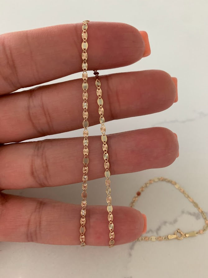 Solid 14K Tricolor Gold Chain, 2.1MM Flat Valentino DC Chain  BEST SELLER