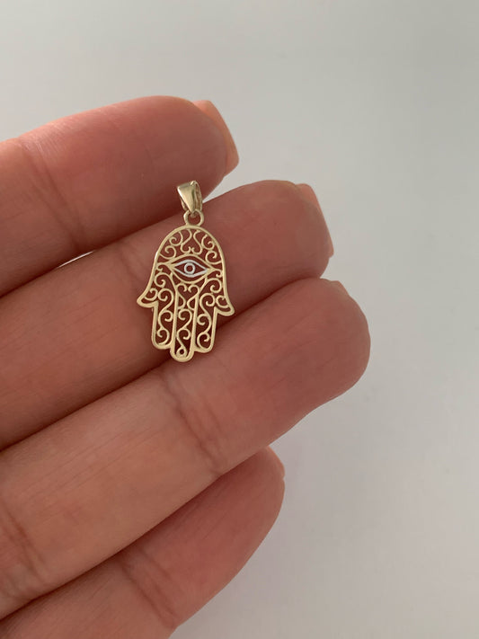 14K Solid Gold Hamsa with Evil Eye | 16MM x 11MM Two Tone Hamsa | Evil Eye Hamsa | Two TONE 14K Solid Gold Pendant