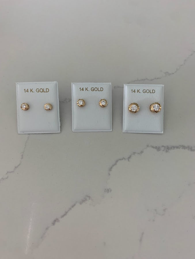 14K Yellow Gold Bezel Stud Earrings, Solitaire Earrings, Cubic Zirconia Studs,  Dainty Bezel Studs, 5MM, 6MM, 7MM Shiny Everyday Earrings
