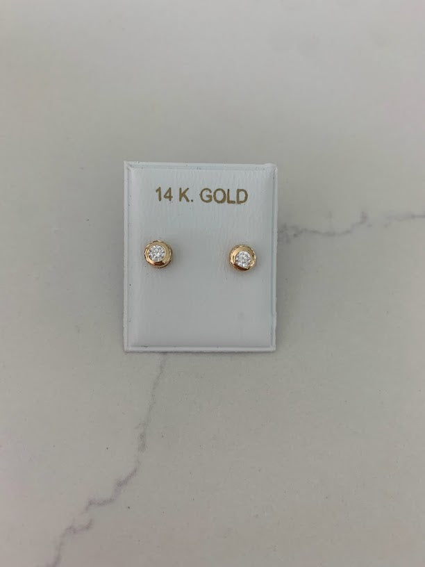 14K Yellow Gold Bezel Stud Earrings, Solitaire Earrings, Cubic Zirconia Studs,  Dainty Bezel Studs, 5MM, 6MM, 7MM Shiny Everyday Earrings