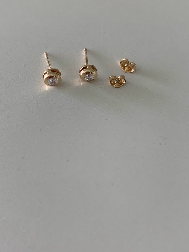 14K Yellow Gold Bezel Stud Earrings, Solitaire Earrings, Cubic Zirconia Studs,  Dainty Bezel Studs, 5MM, 6MM, 7MM Shiny Everyday Earrings