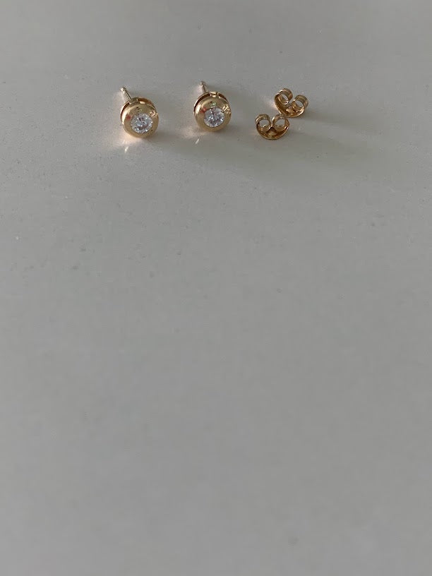 14K Yellow Gold Bezel Stud Earrings, Solitaire Earrings, Cubic Zirconia Studs,  Dainty Bezel Studs, 5MM, 6MM, 7MM Shiny Everyday Earrings