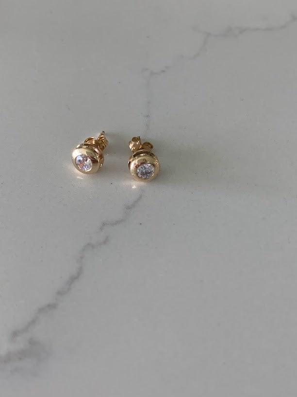 14K Yellow Gold Bezel Stud Earrings, Solitaire Earrings, Cubic Zirconia Studs,  Dainty Bezel Studs, 5MM, 6MM, 7MM Shiny Everyday Earrings