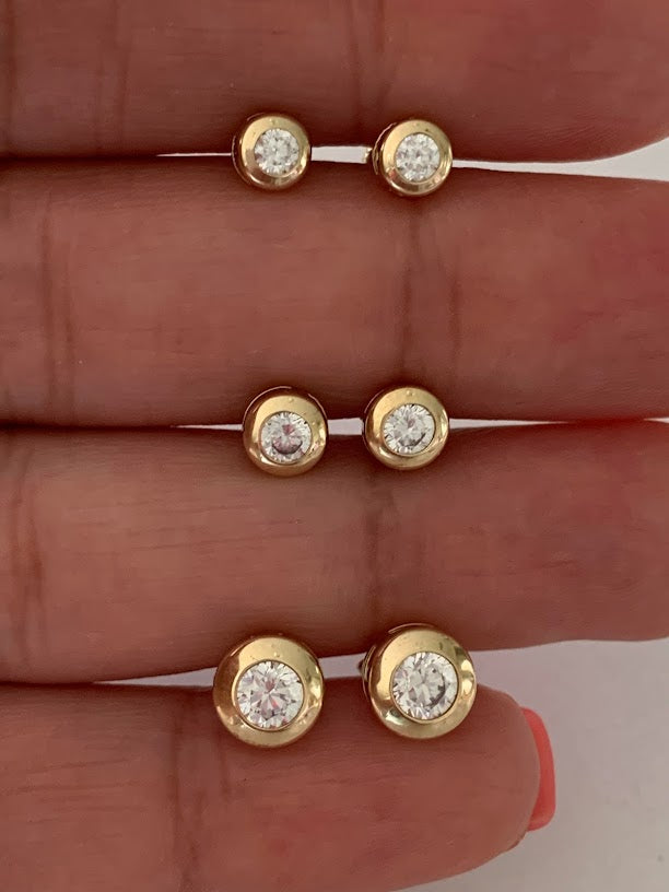 14K Yellow Gold Bezel Stud Earrings, Solitaire Earrings, Cubic Zirconia Studs,  Dainty Bezel Studs, 5MM, 6MM, 7MM Shiny Everyday Earrings