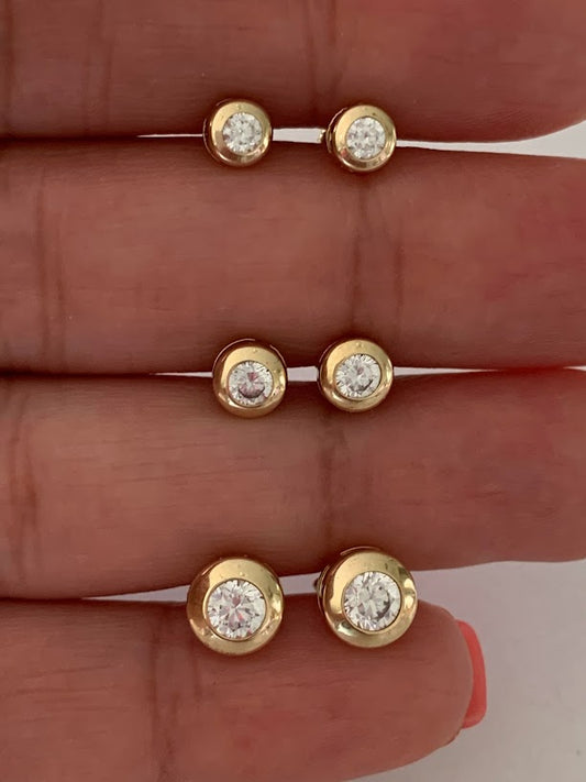 14K Yellow Gold Bezel Stud Earrings, Solitaire Earrings, Cubic Zirconia Studs,  Dainty Bezel Studs, 5MM, 6MM, 7MM Shiny Everyday Earrings