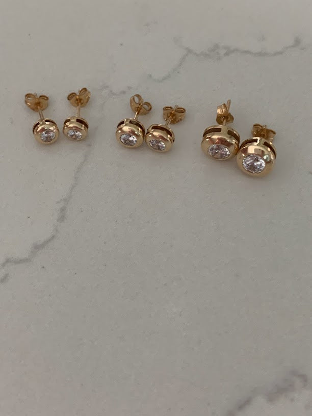 14K Yellow Gold Bezel Stud Earrings, Solitaire Earrings, Cubic Zirconia Studs,  Dainty Bezel Studs, 5MM, 6MM, 7MM Shiny Everyday Earrings