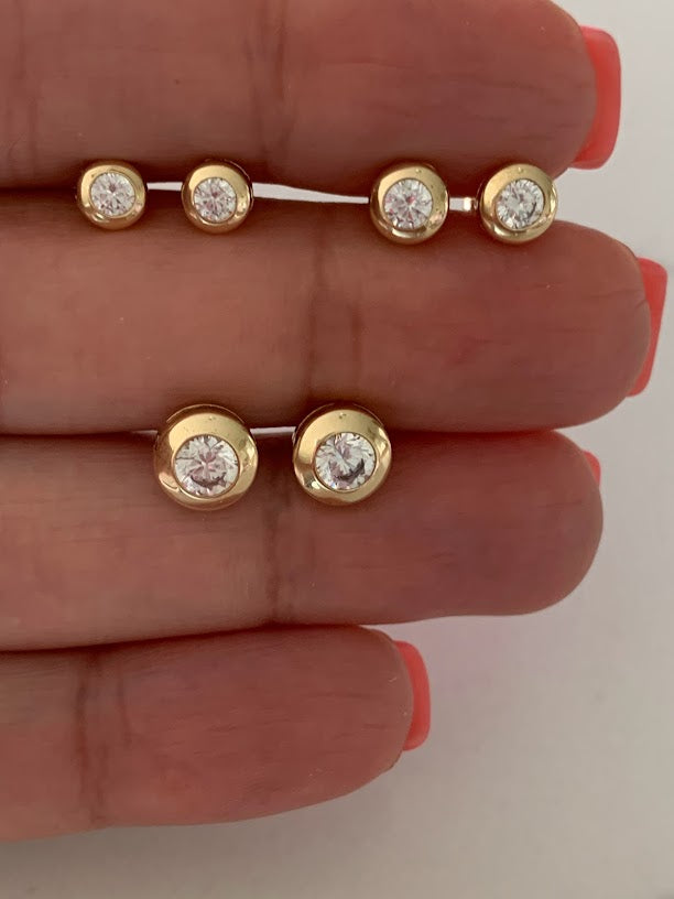 14K Yellow Gold Bezel Stud Earrings, Solitaire Earrings, Cubic Zirconia Studs,  Dainty Bezel Studs, 5MM, 6MM, 7MM Shiny Everyday Earrings