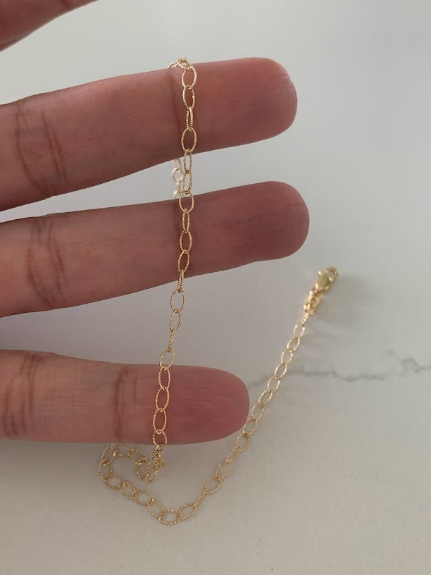 14K Gold Thin Elongated Cable Anklet, Diamond Cut Anklet, 3MM wide