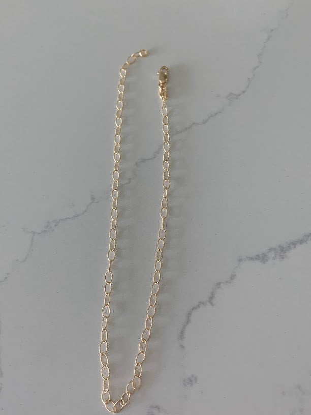 14K Gold Thin Elongated Cable Anklet, Diamond Cut Anklet, 3MM wide