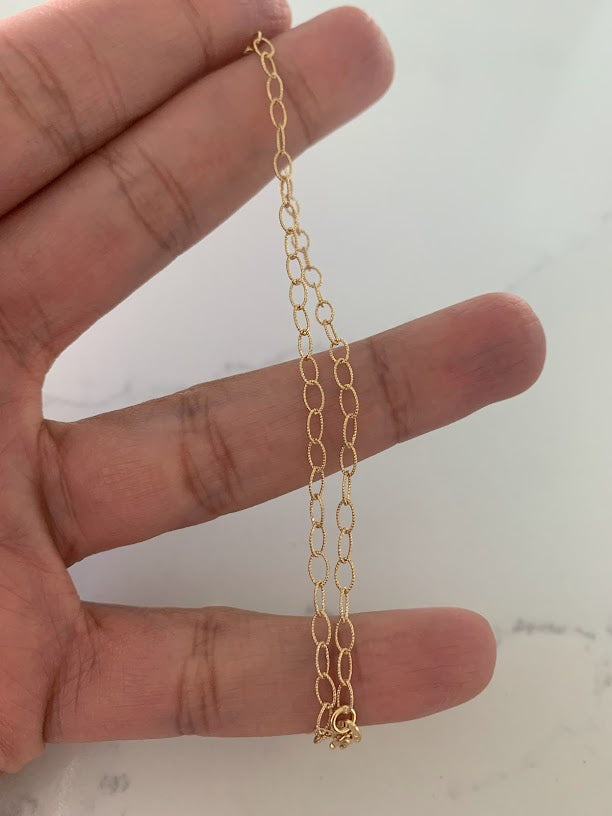 14K Gold Thin Elongated Cable Anklet, Diamond Cut Anklet, 3MM wide