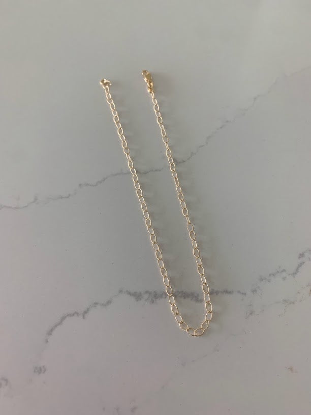 14K Gold Thin Elongated Cable Anklet, Diamond Cut Anklet, 3MM wide