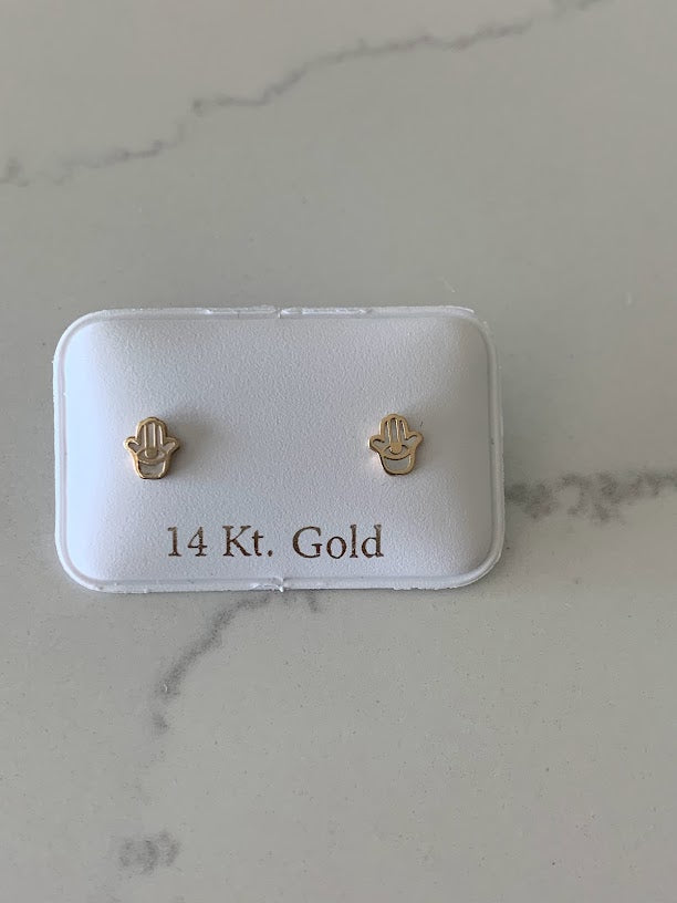 14K Gold Tiny Hamsa Earrings, Mother Pearl Earrings, Minimalist Earrings, Everyday Earrings, Dainty Earrings, 14K Gold Earrings, Hamsa