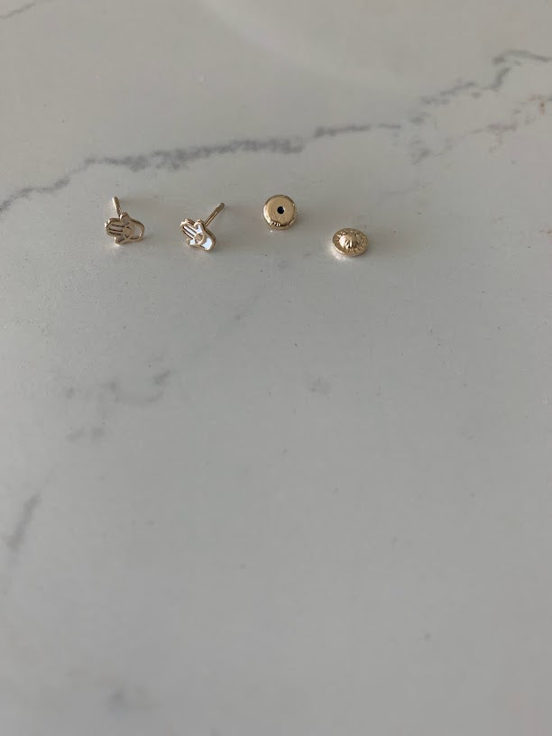 14K Gold Tiny Hamsa Earrings, Mother Pearl Earrings, Minimalist Earrings, Everyday Earrings, Dainty Earrings, 14K Gold Earrings, Hamsa