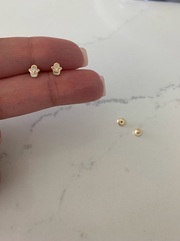 14K Gold Tiny Hamsa Earrings, Mother Pearl Earrings, Minimalist Earrings, Everyday Earrings, Dainty Earrings, 14K Gold Earrings, Hamsa