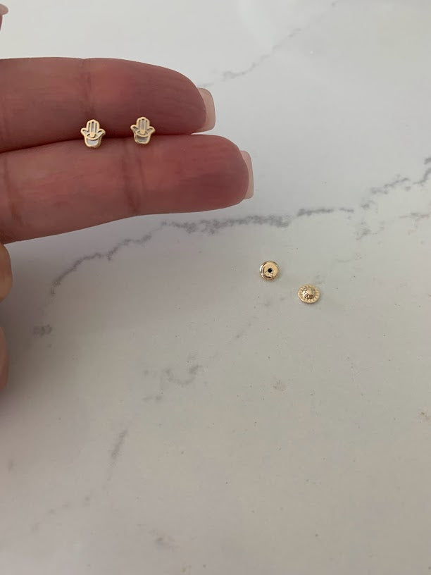 14K Gold Tiny Hamsa Earrings, Mother Pearl Earrings, Minimalist Earrings, Everyday Earrings, Dainty Earrings, 14K Gold Earrings, Hamsa