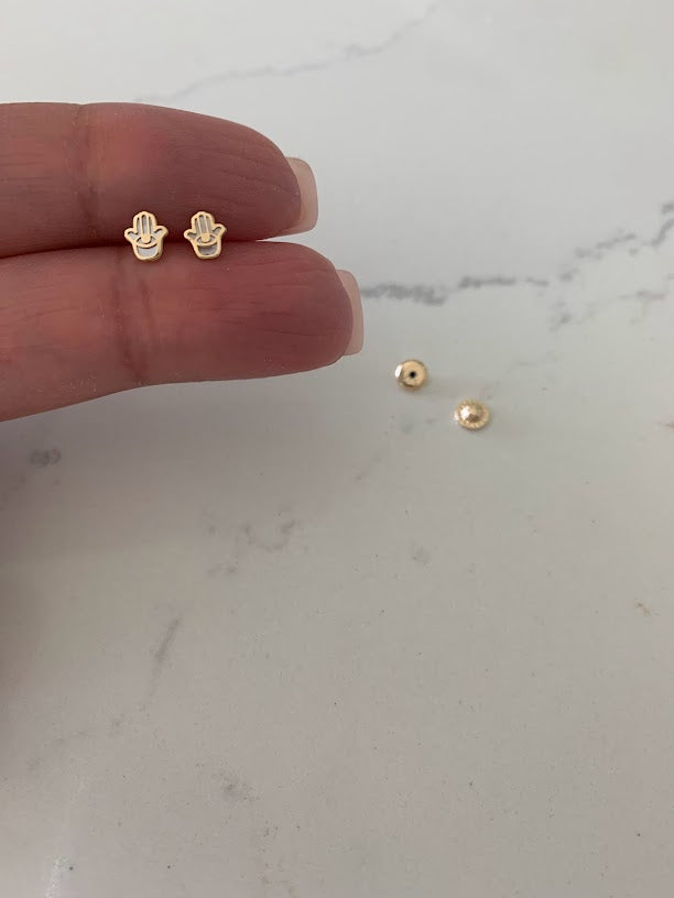 14K Gold Tiny Hamsa Earrings, Mother Pearl Earrings, Minimalist Earrings, Everyday Earrings, Dainty Earrings, 14K Gold Earrings, Hamsa