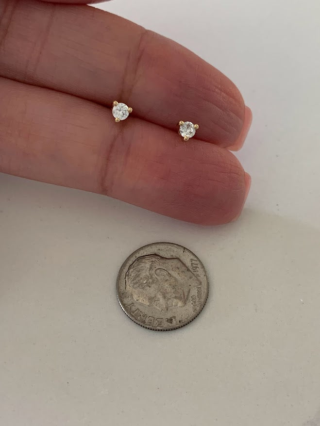 4MM 14K Gold Pair Earrings,  14k Solid Gold, Cubic Zirconia, Low Profile, Small Three Prong, Minimalist Stud Earrings