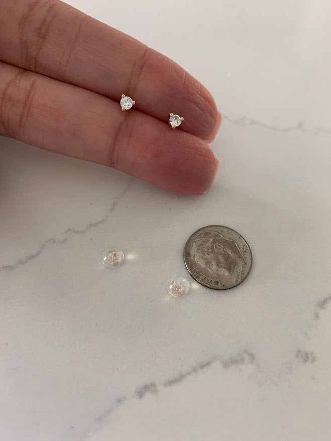 4MM 14K Gold Pair Earrings,  14k Solid Gold, Cubic Zirconia, Low Profile, Small Three Prong, Minimalist Stud Earrings
