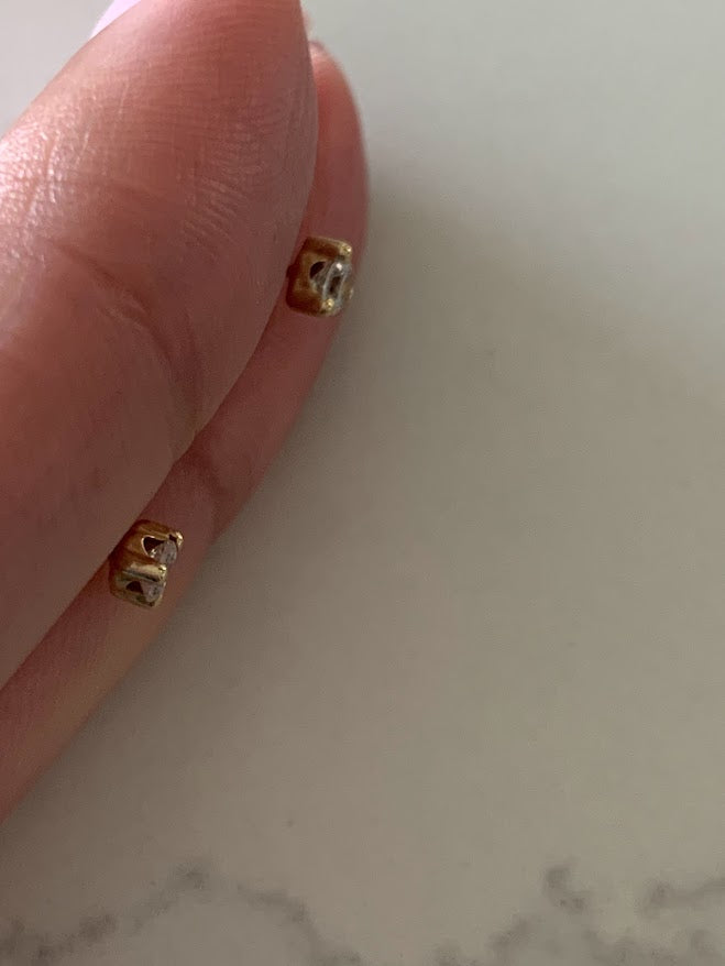 4MM 14K Gold Pair Earrings,  14k Solid Gold, Cubic Zirconia, Low Profile, Small Three Prong, Minimalist Stud Earrings