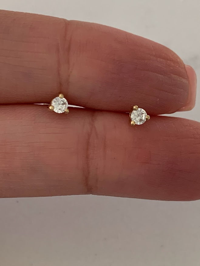 4MM 14K Gold Pair Earrings,  14k Solid Gold, Cubic Zirconia, Low Profile, Small Three Prong, Minimalist Stud Earrings